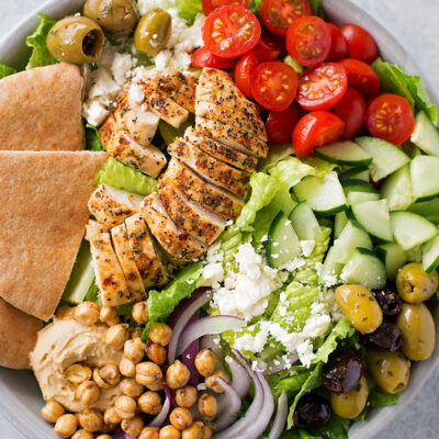 A bowl with Chicken Gyro Salad.