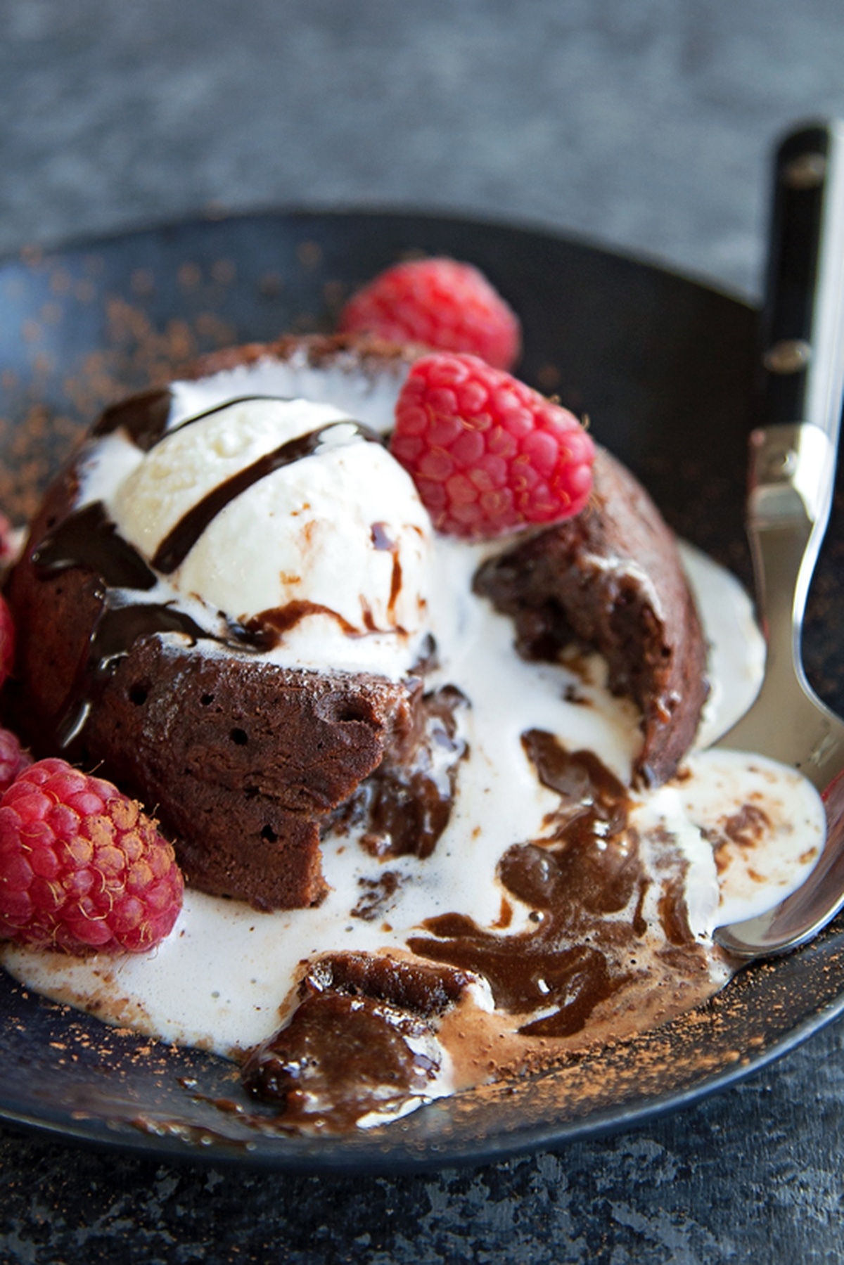Molten lava cake served on a plate.