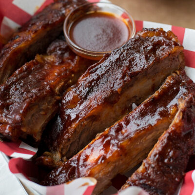 Oven Baked BBQ ribs on a platter.