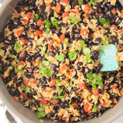 Black Beans and Rice in a skillet.
