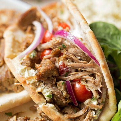 Instant Pot gyros wrapped in a pita bread.