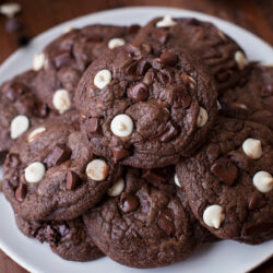 A plate of baked triple chocolate chip cookies.