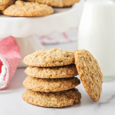 A close-up of a stack of oatmeal cookies.
