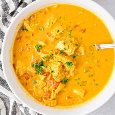 Instant Pot Chicken Curry in a bowl with Basmati rice.