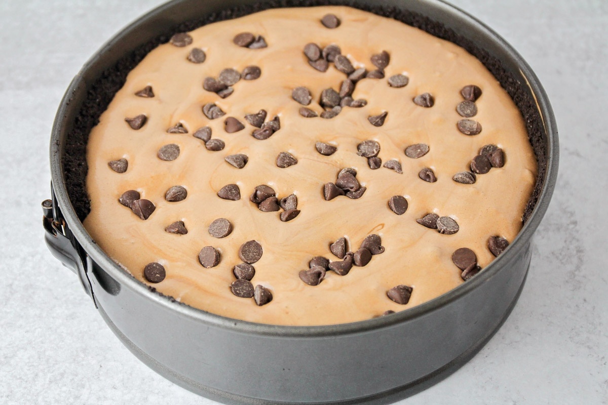 Chocolate batter in the crust, topped with sprinkled chocolate chips.