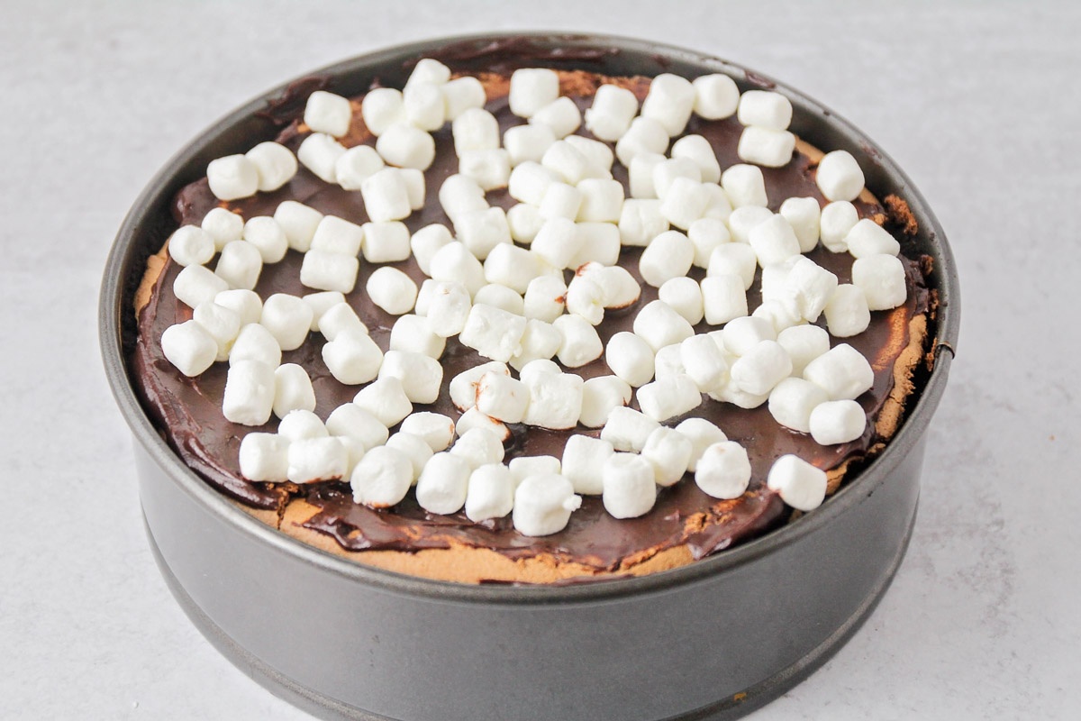 A layer of marshmallows placed on top of the chocolate pudding layer of the easy Mississippi Mud Pie recipe.