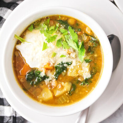 A bowl of Instant Pot lentil soup vegetarian.