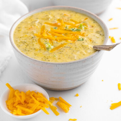 Broccoli Cheddar Soup served in a bowl.