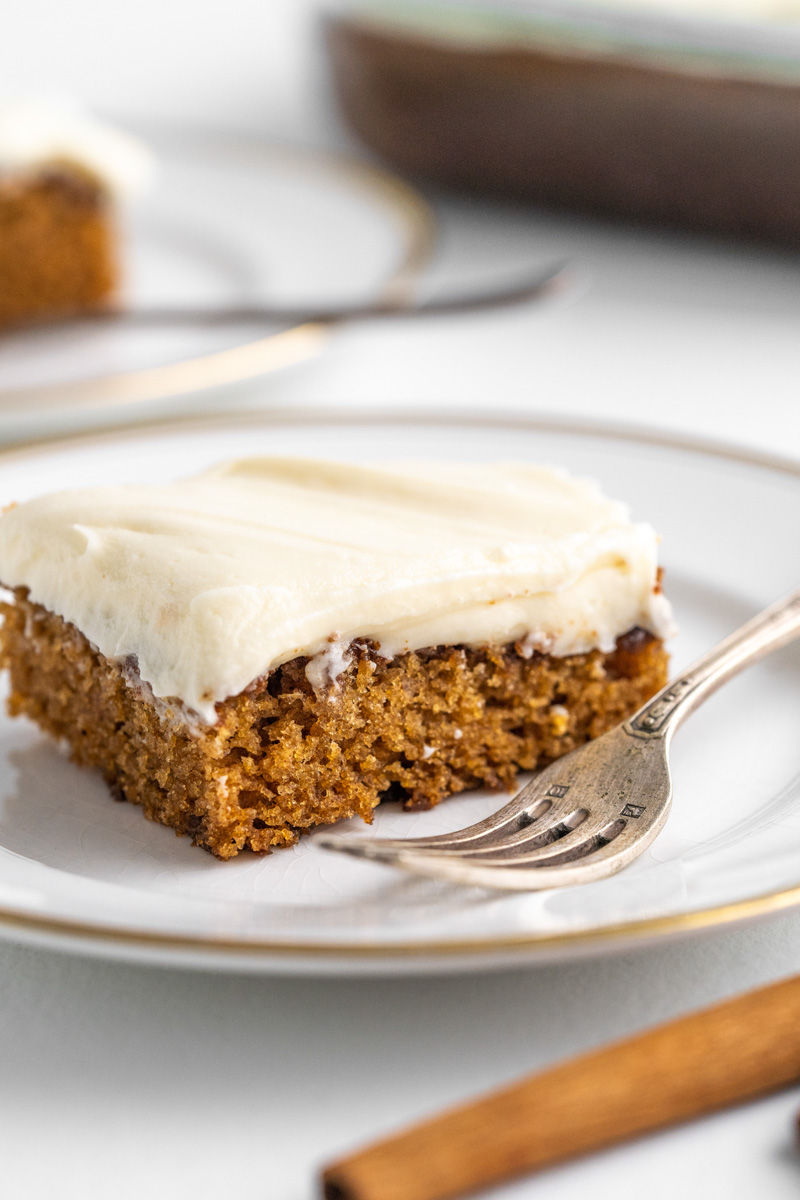A slice of spice cake on a white plate