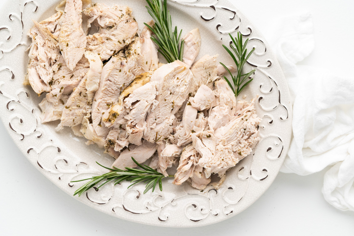 Thanksgiving Turkey on a white plate with rosemary sprigs