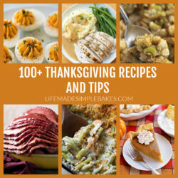 100+ Thanksgiving Recipes collage with deviled eggs, turkey, stuffing, ham, green bean casserole and pumpkin pie