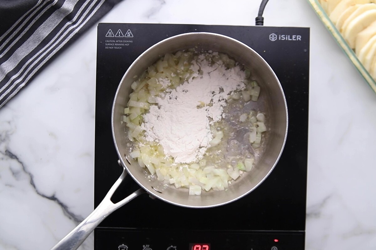 Flour added to the pan with onions.