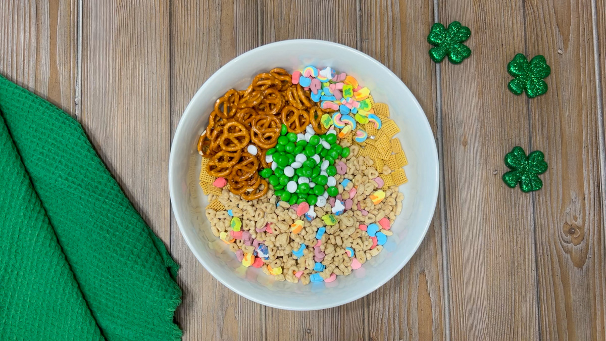 Ingredients for leprechaun bait in a bowl before being mixed together.
