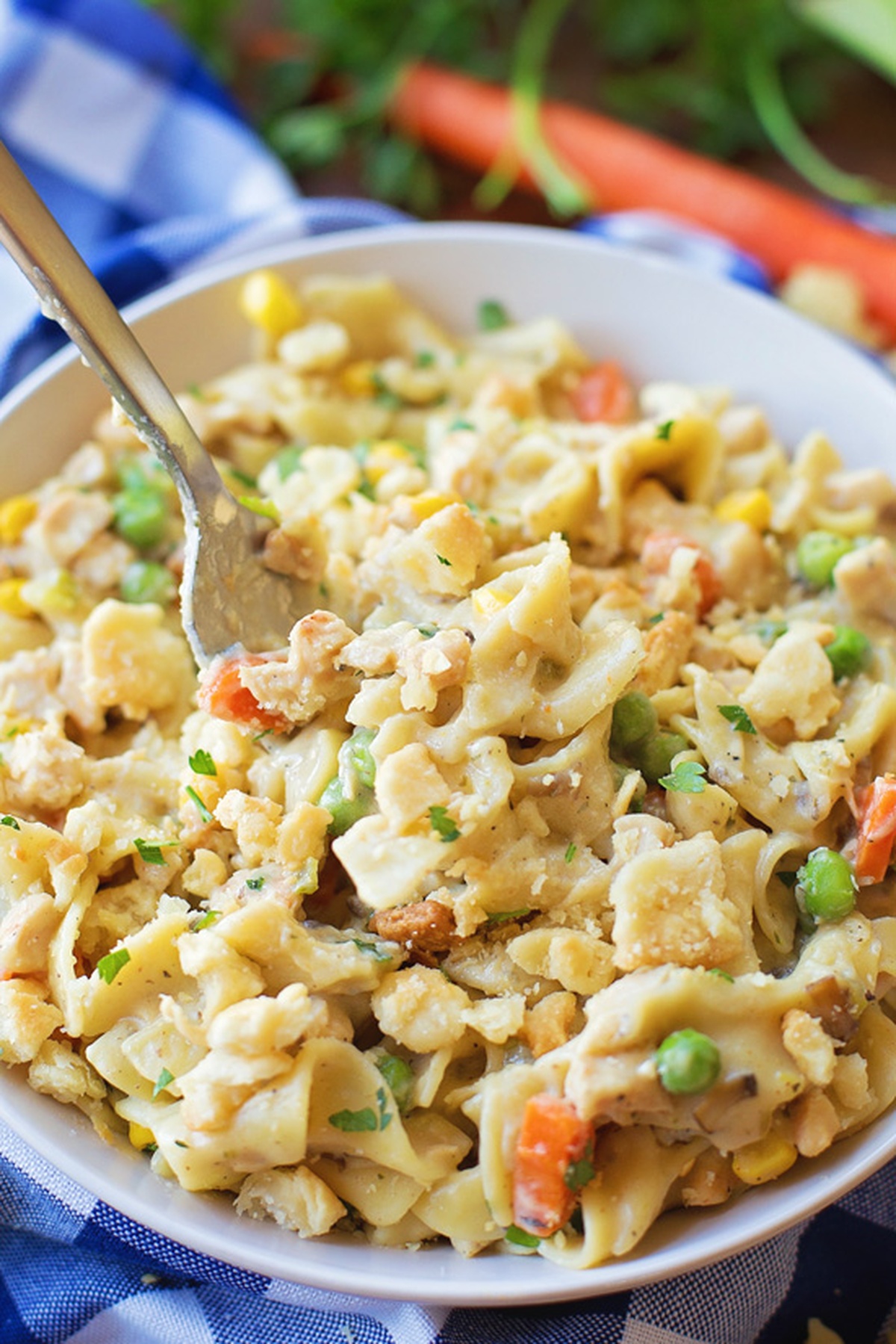 A bowl of creamy Chicken Pot Pie Noodles.