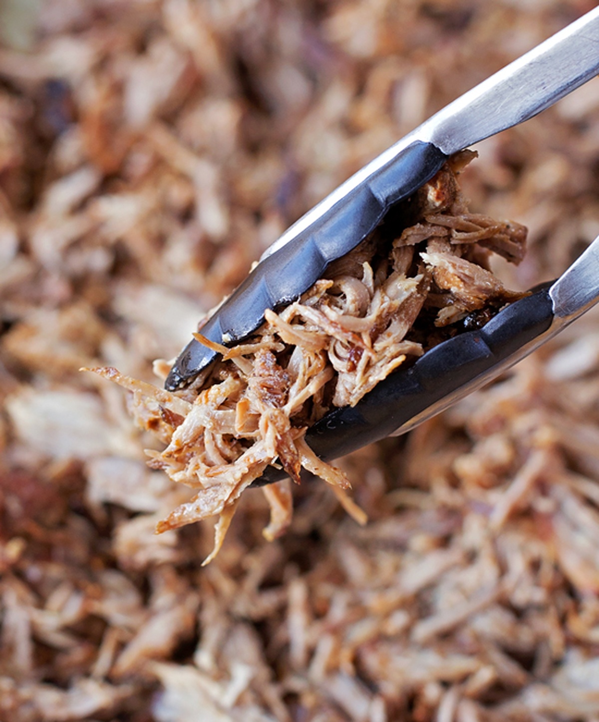 A pair of metal tongs holding a portion of shredded pulled pork.