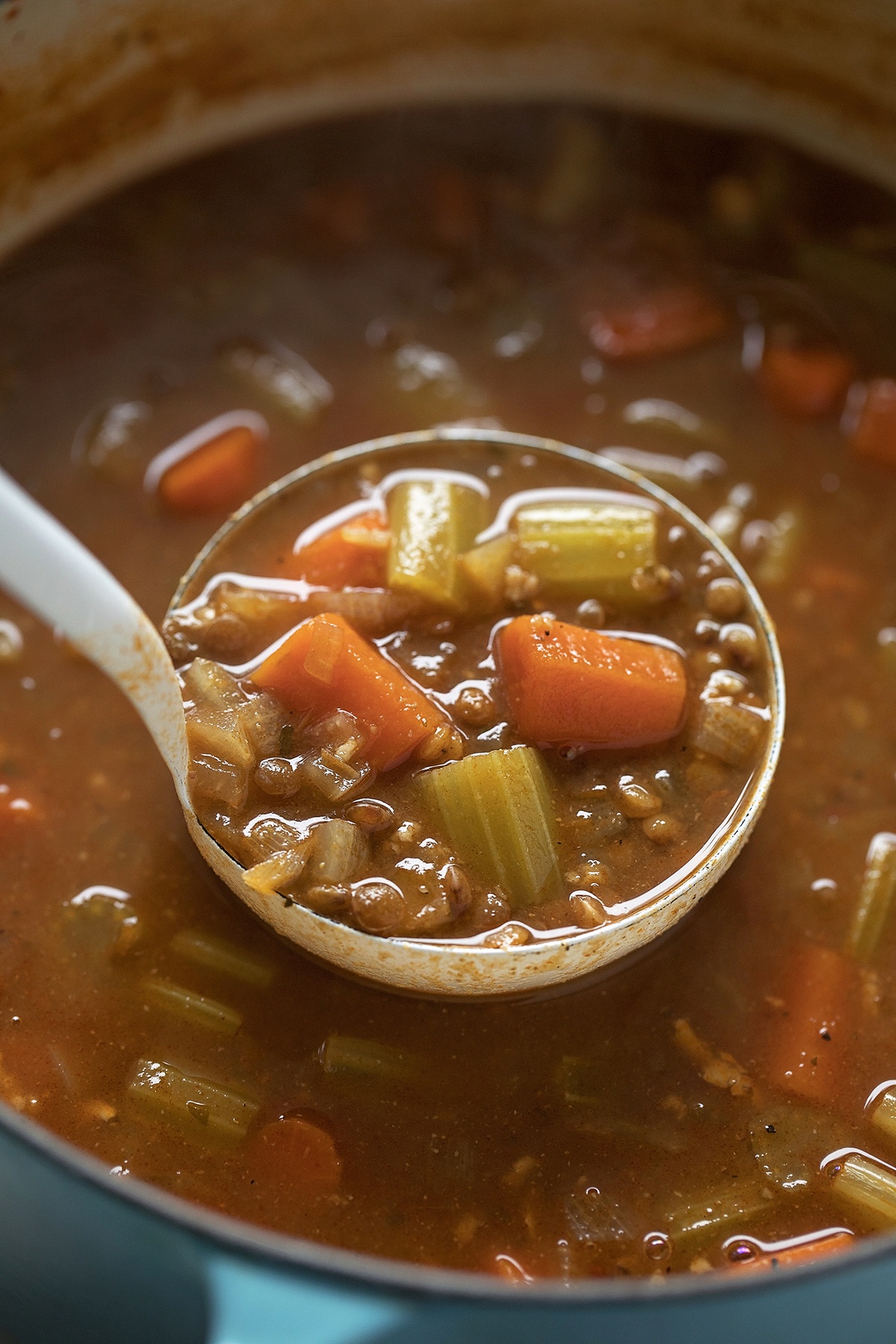 A ladle with lentil soup with vegetables.