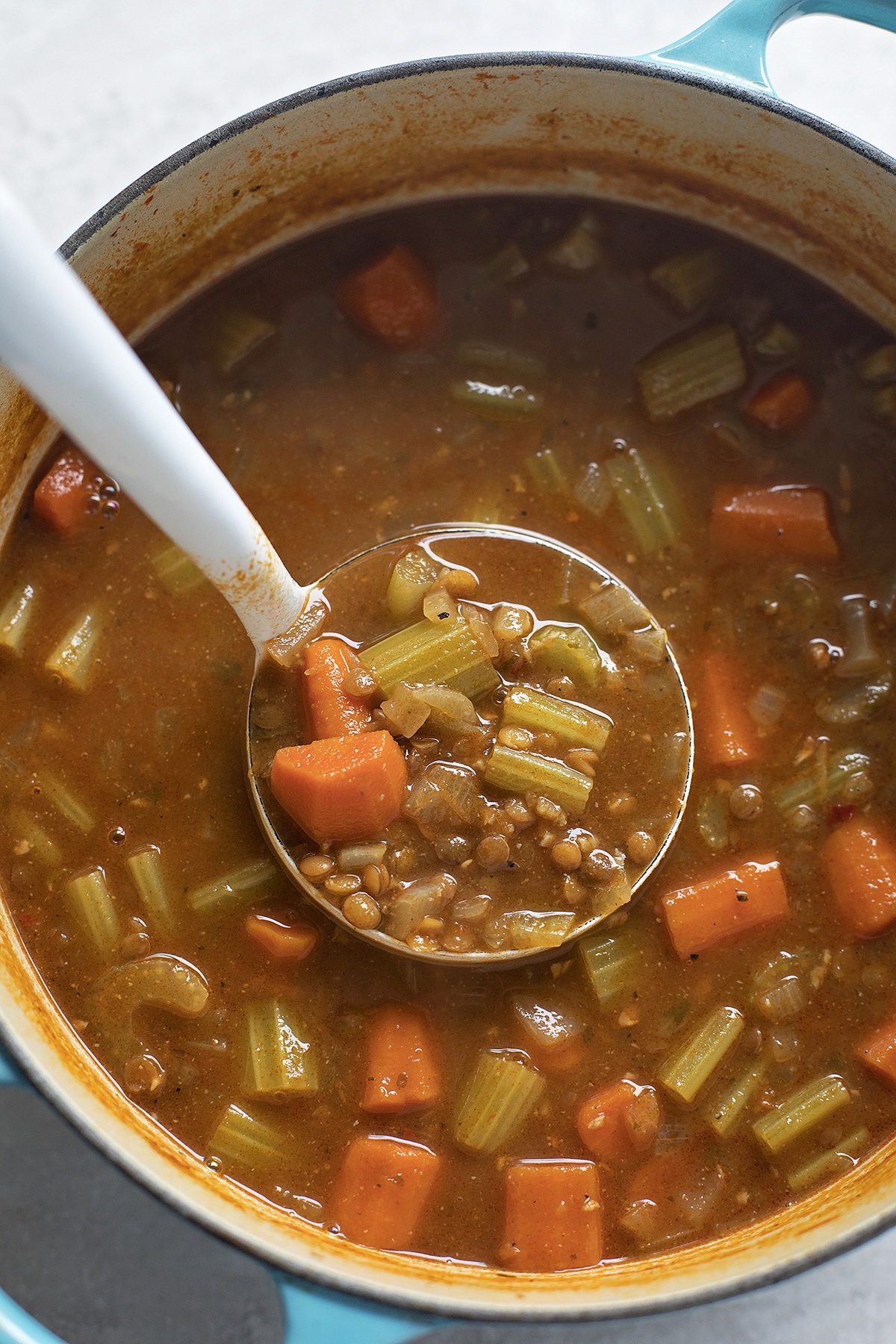Vegetable Lentil soup in a Dutch oven.