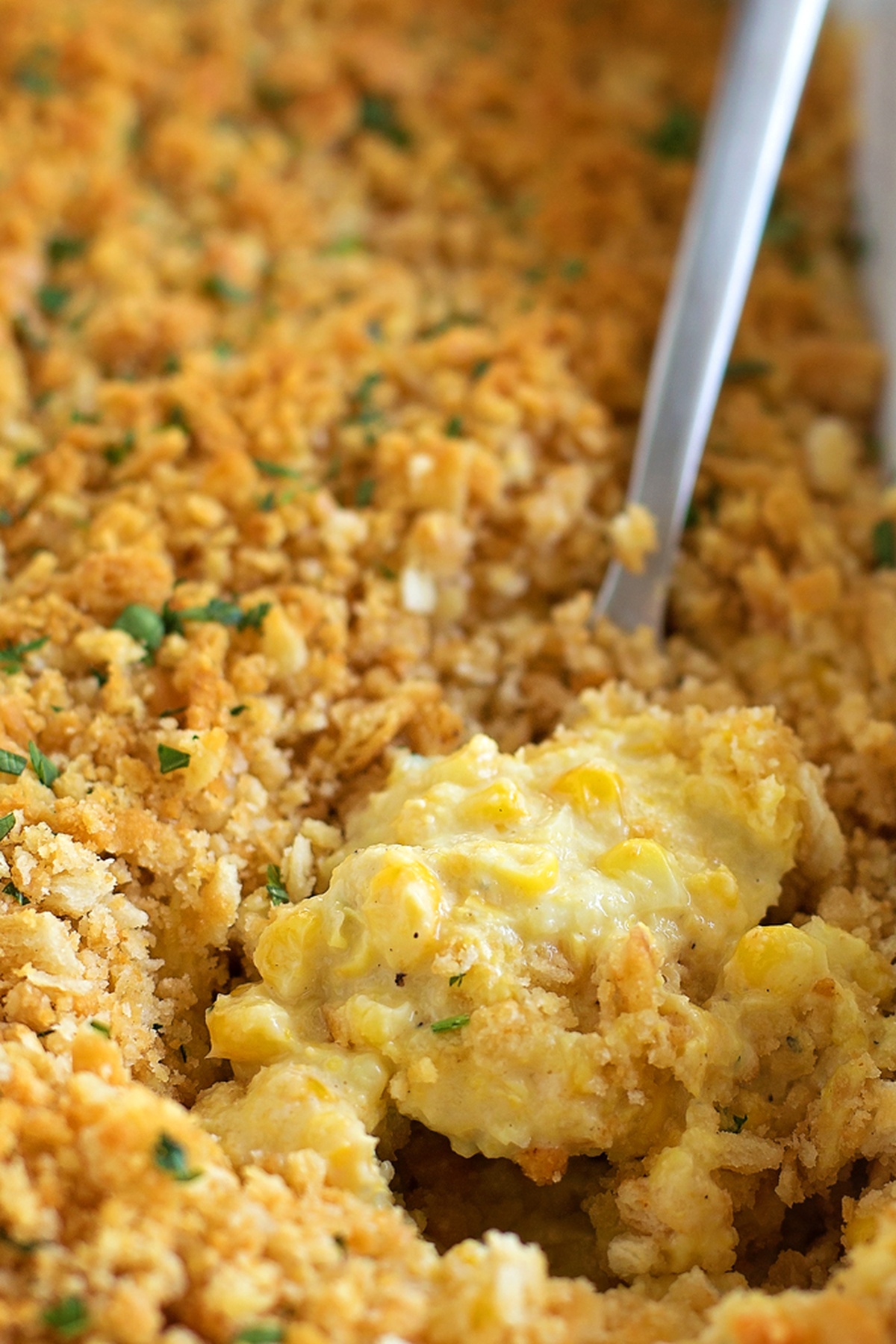 Close-up of creamy corn casserole topped with golden breadcrumbs.