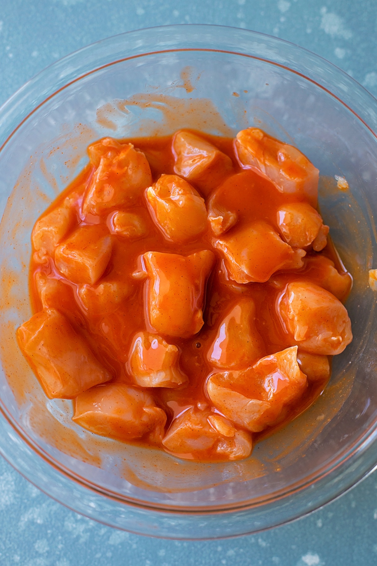 Raw chicken pieces marinated in Buffalo sauce in a bowl.

