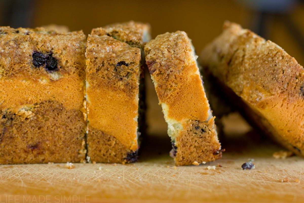 Side view of sliced Blueberry Bread.