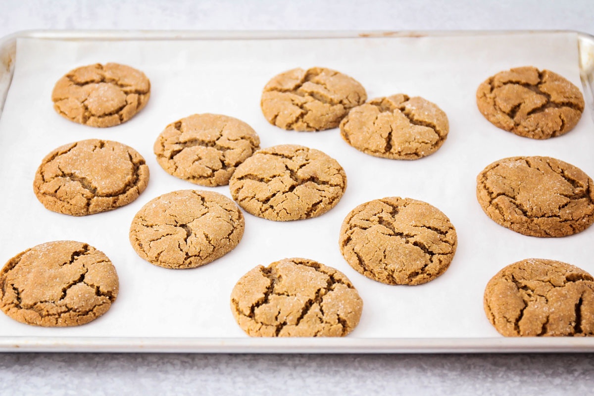 Freshly baked ginger cookies cooling on a parchment-lined baking sheet.