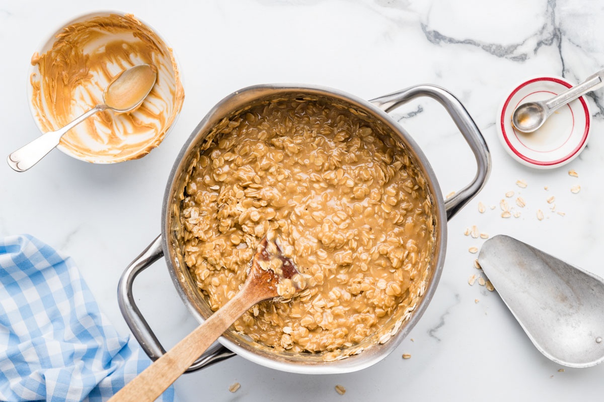 Mixing the ingredients in a pot.