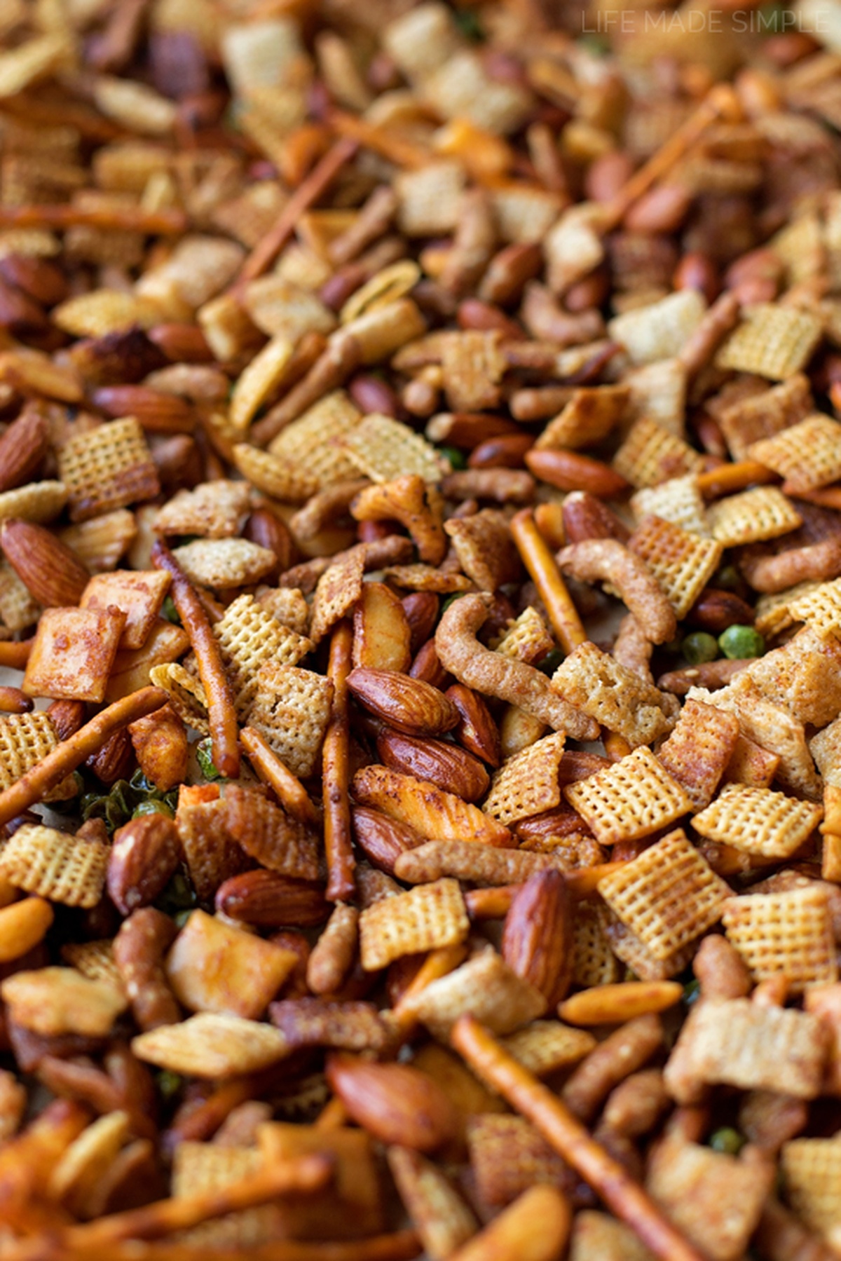 A detailed image of assorted Asian trail mix spread out.