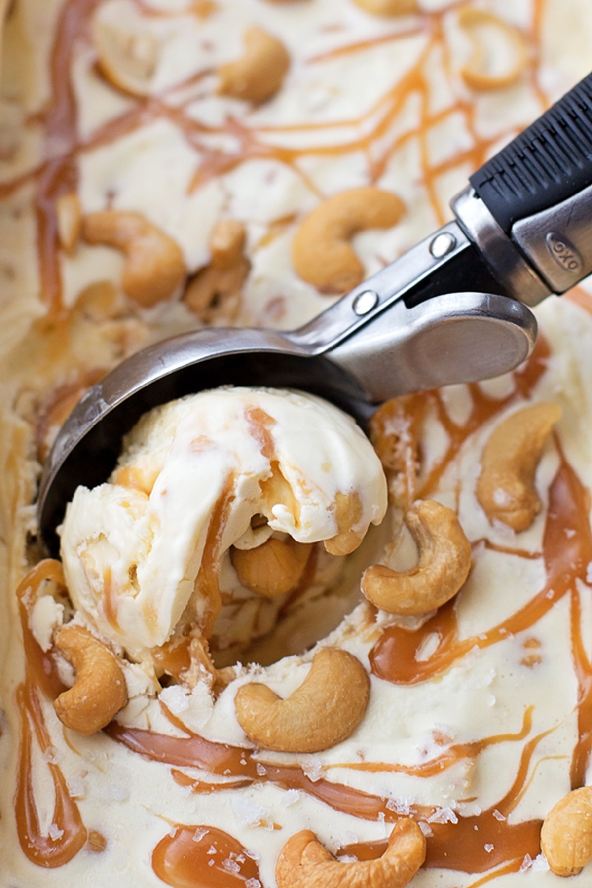 A close-up of a scoop of cashew ice cream.