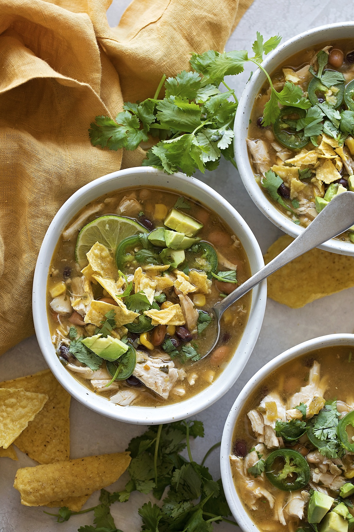 Bowls of Jalapeño Lime Chicken Chili soup.