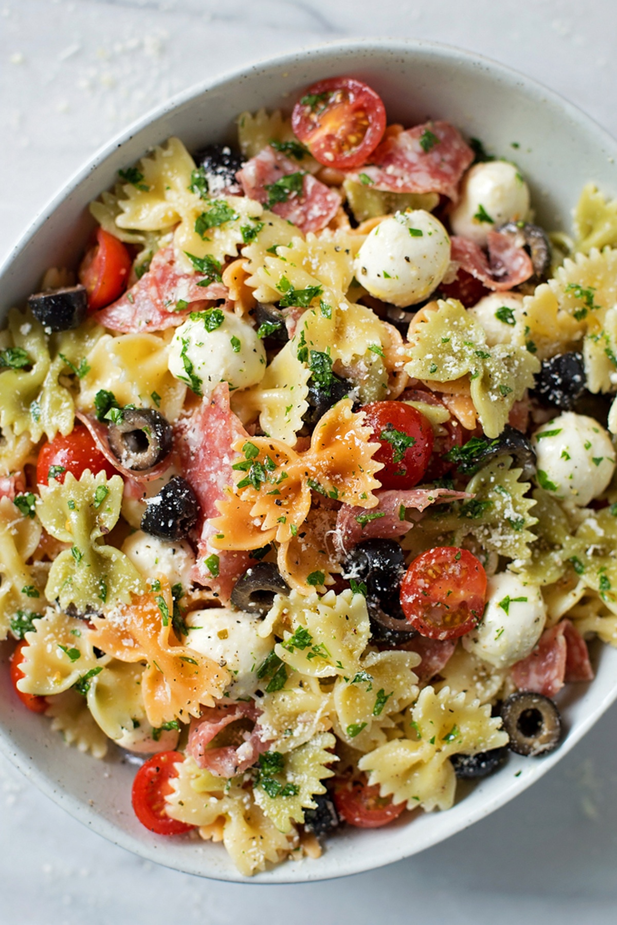 A bowl of zesty Italian pasta salad.