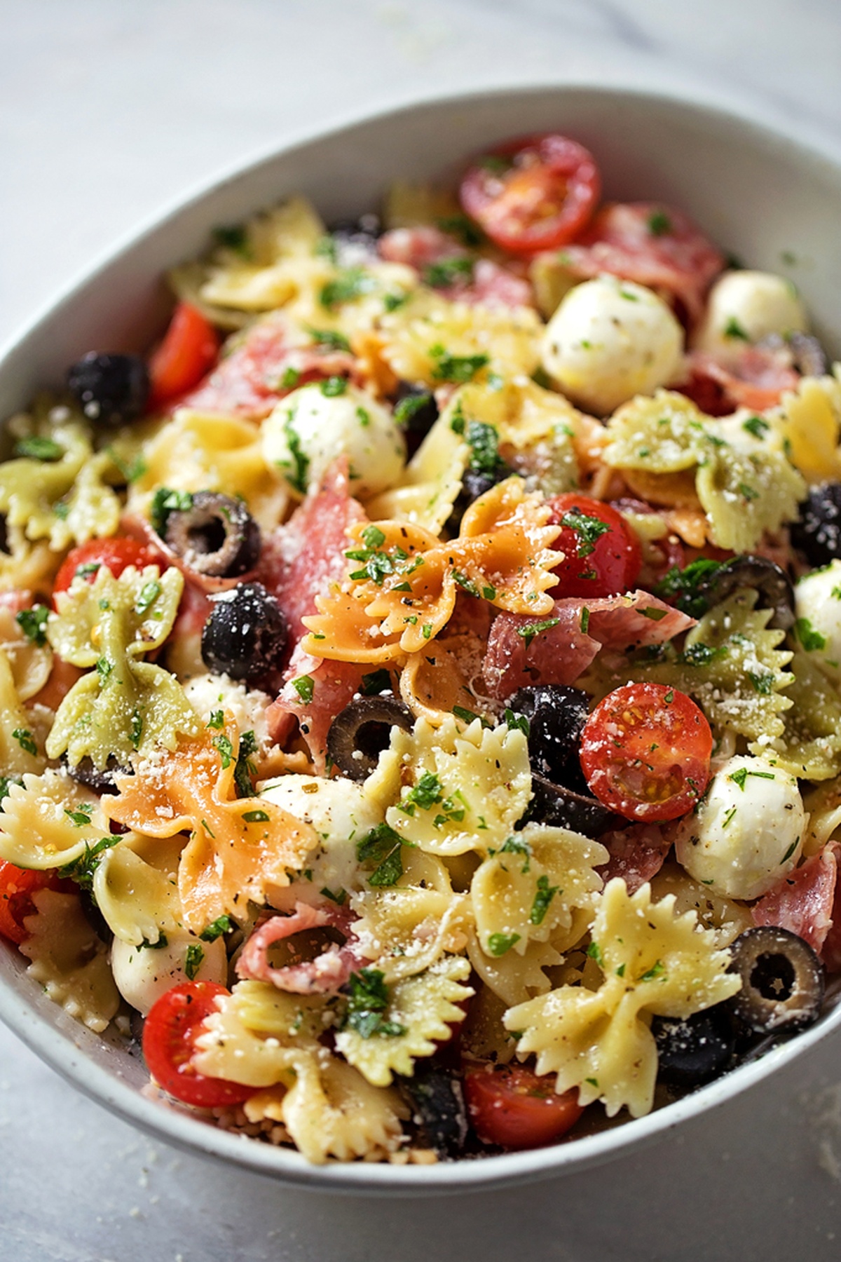 A bowl of fresh Italian pasta salad with herbs.