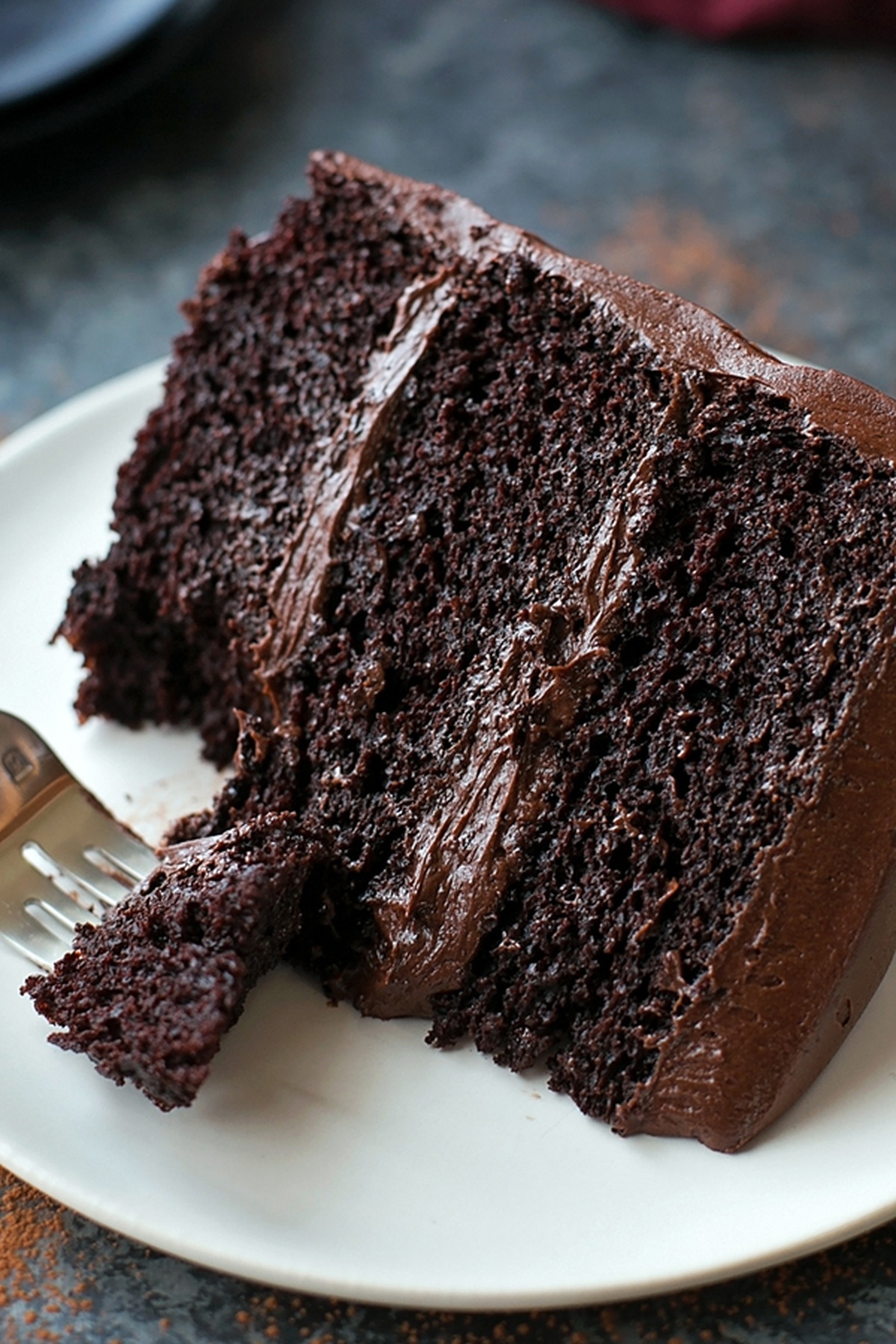Side view of a tall, layered blackout cake slice.