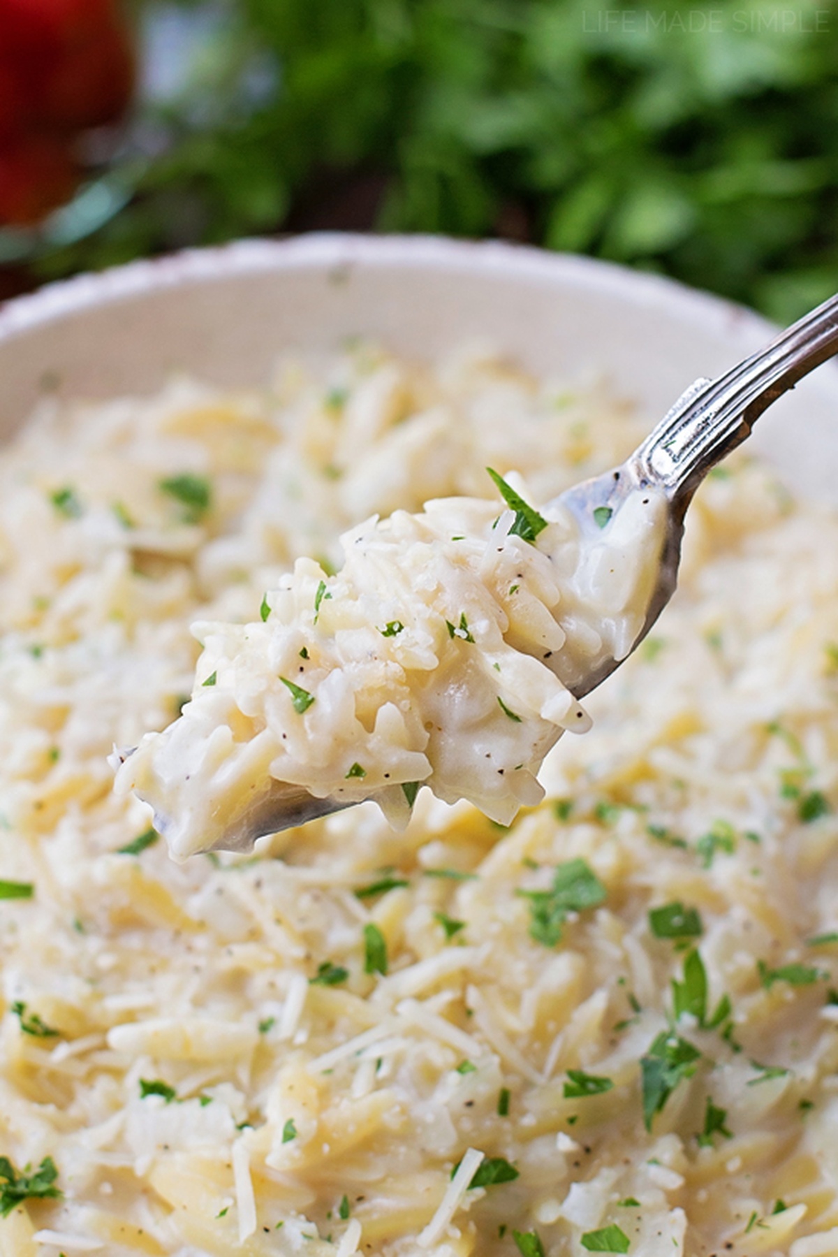 A close-up of a spoonful of creamy Parmesan orzo topped with fresh parsley.