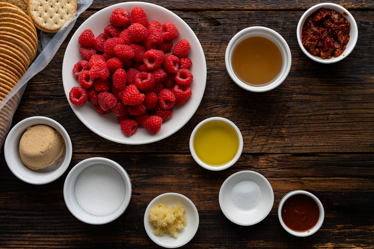 Ingredients for raspberry chipotle sauce.