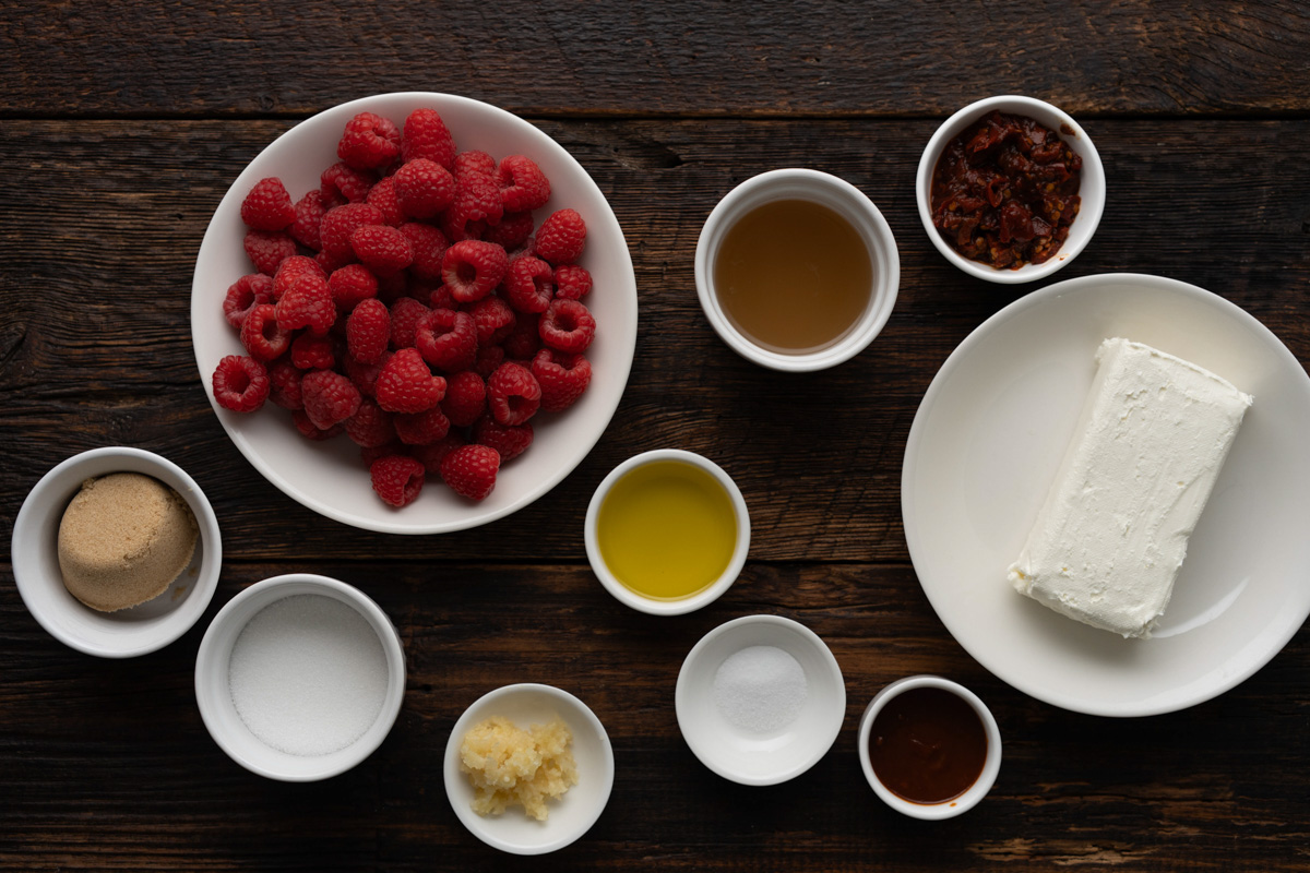 Ingredients for Raspberry Chipotle Cream Cheese Dip.