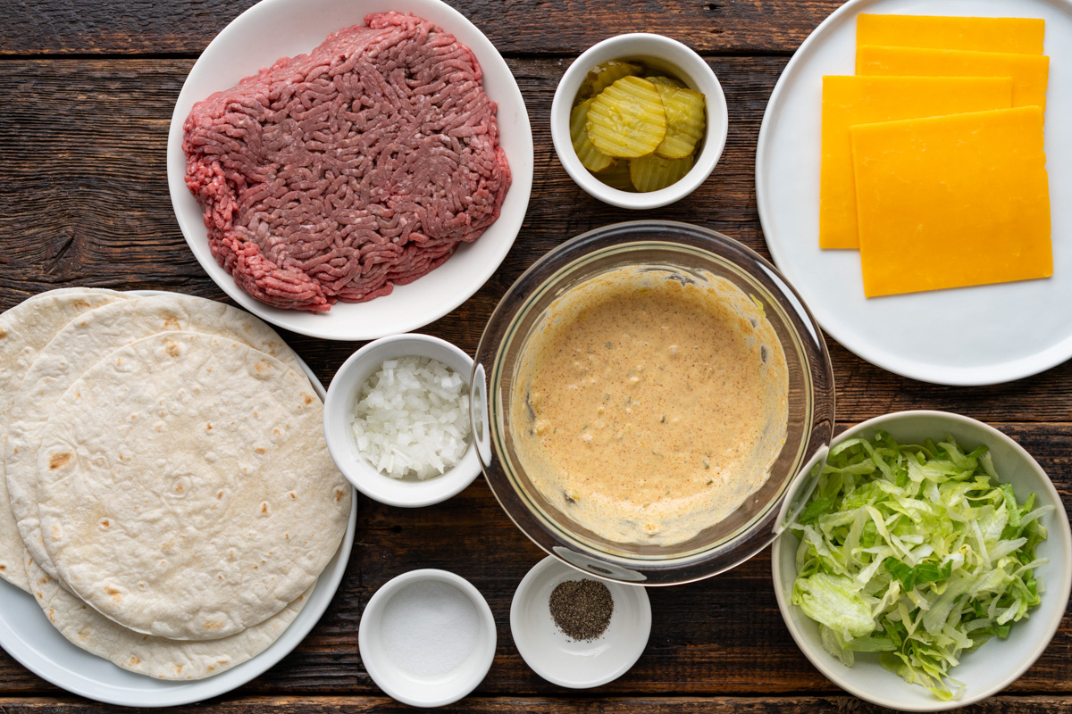 Ingredients for Big mac tacos.