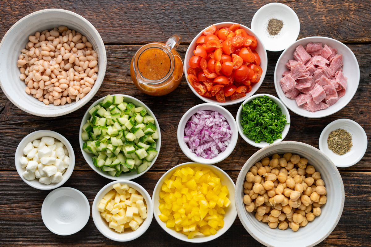 Ingredients for dense bean salad.