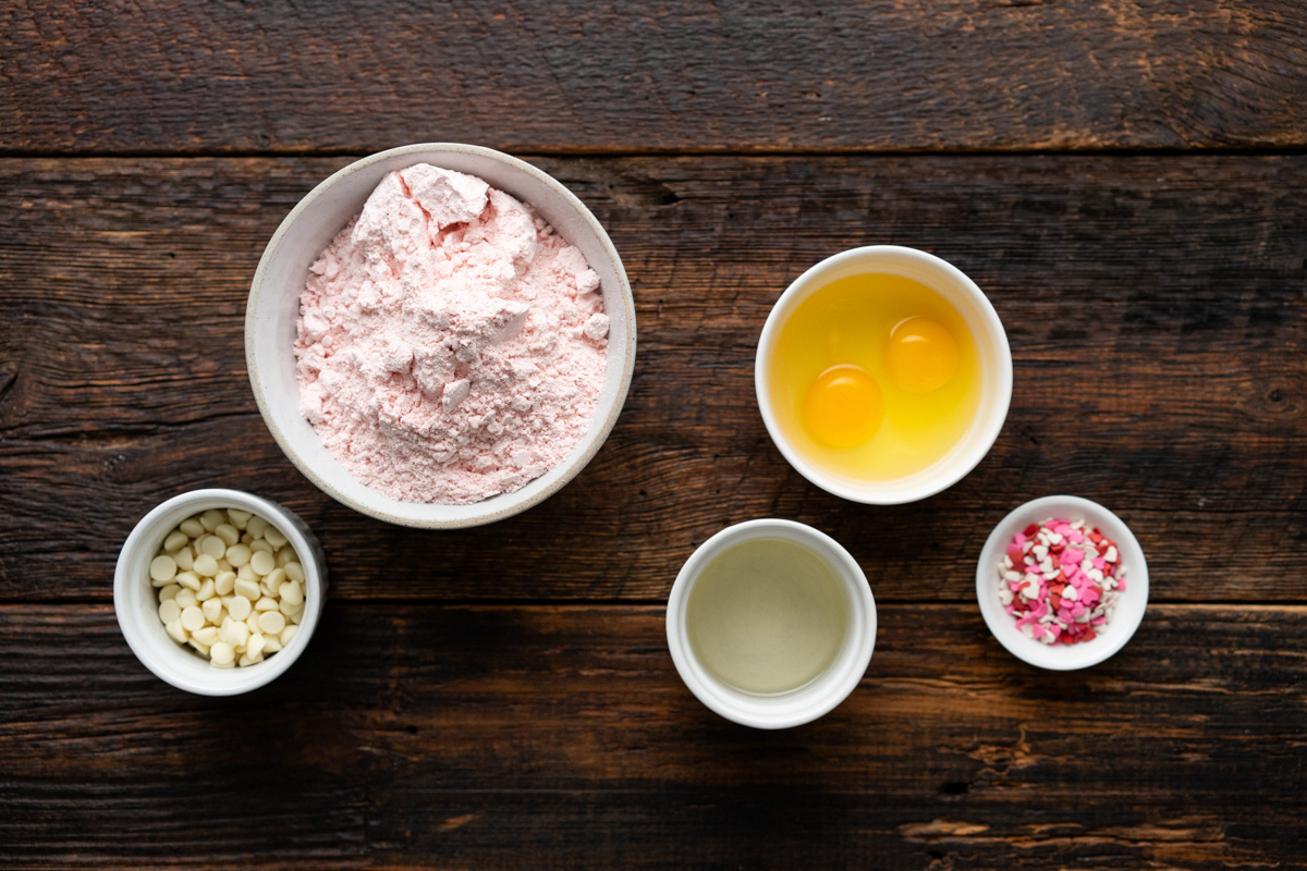 Ingredients for strawberry cake mix cookies.
