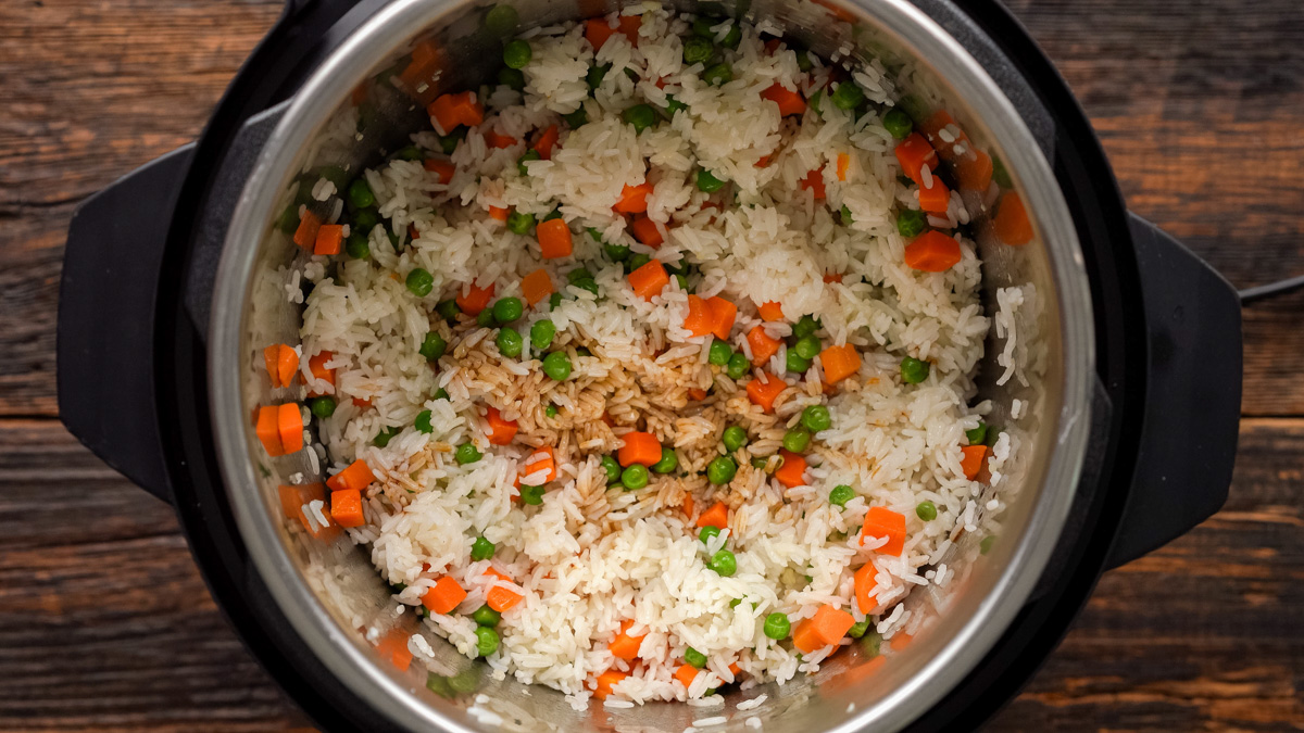Soy sauce and sesame oil added to the rice.