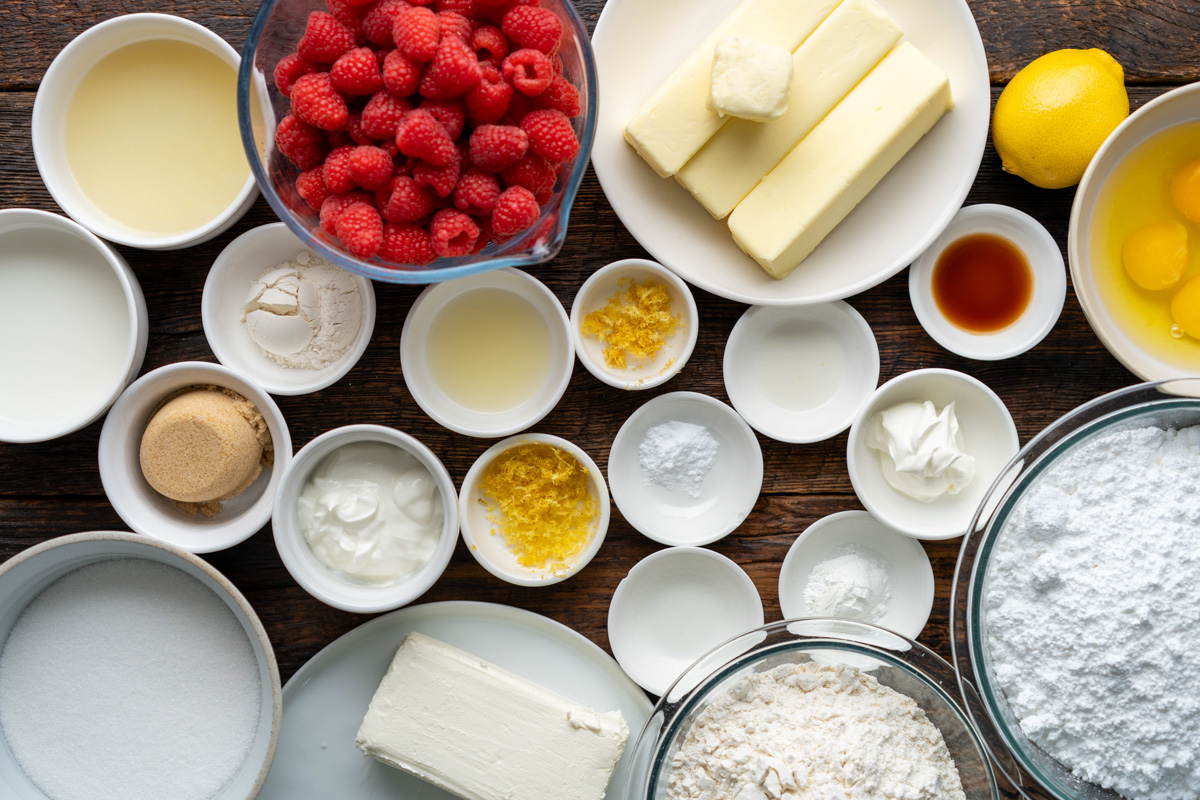 Ingredients for lemon raspebrry cake.