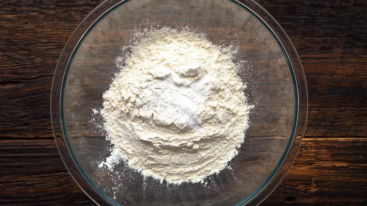 Dry ingredients in a glass bowl.