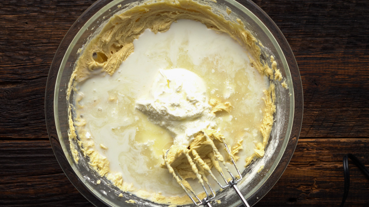 Milk, sour cream, and lemon juice added to the cake batter.