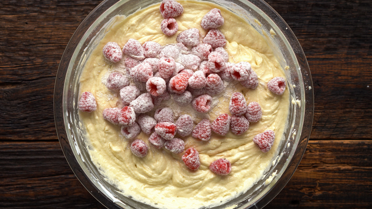 Raspberries added into the cake batter.