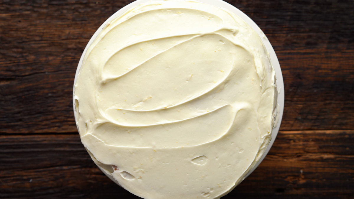 Cake coated in frosting.