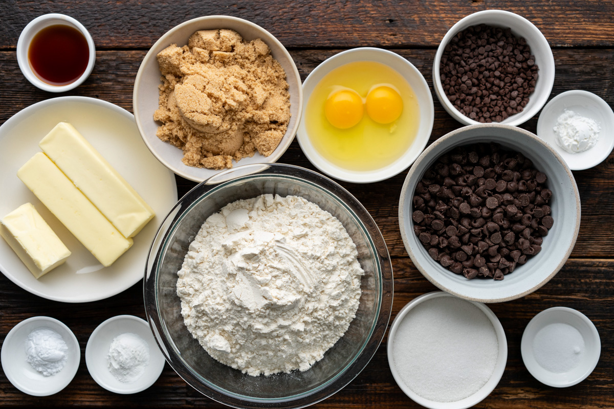 Ingredients for mini chocolate chip cookies.