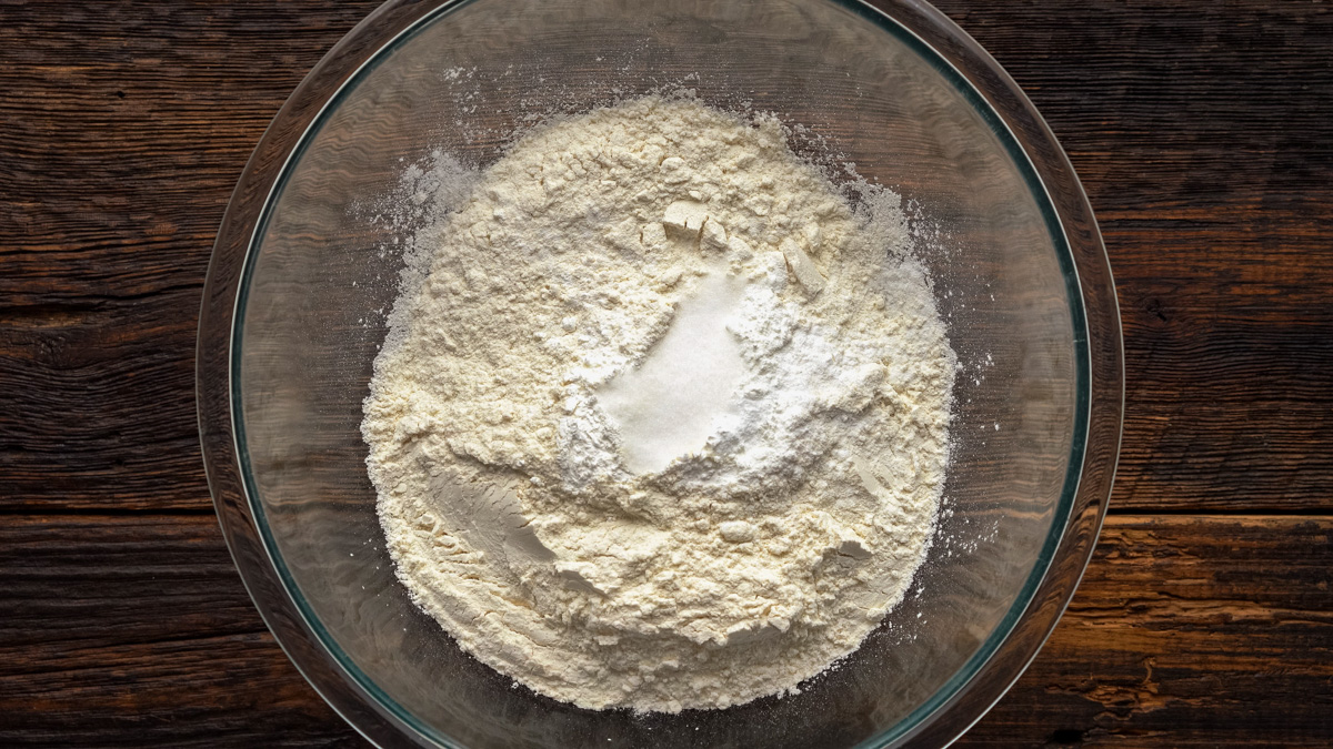 Dry ingredients in a glass bowl.