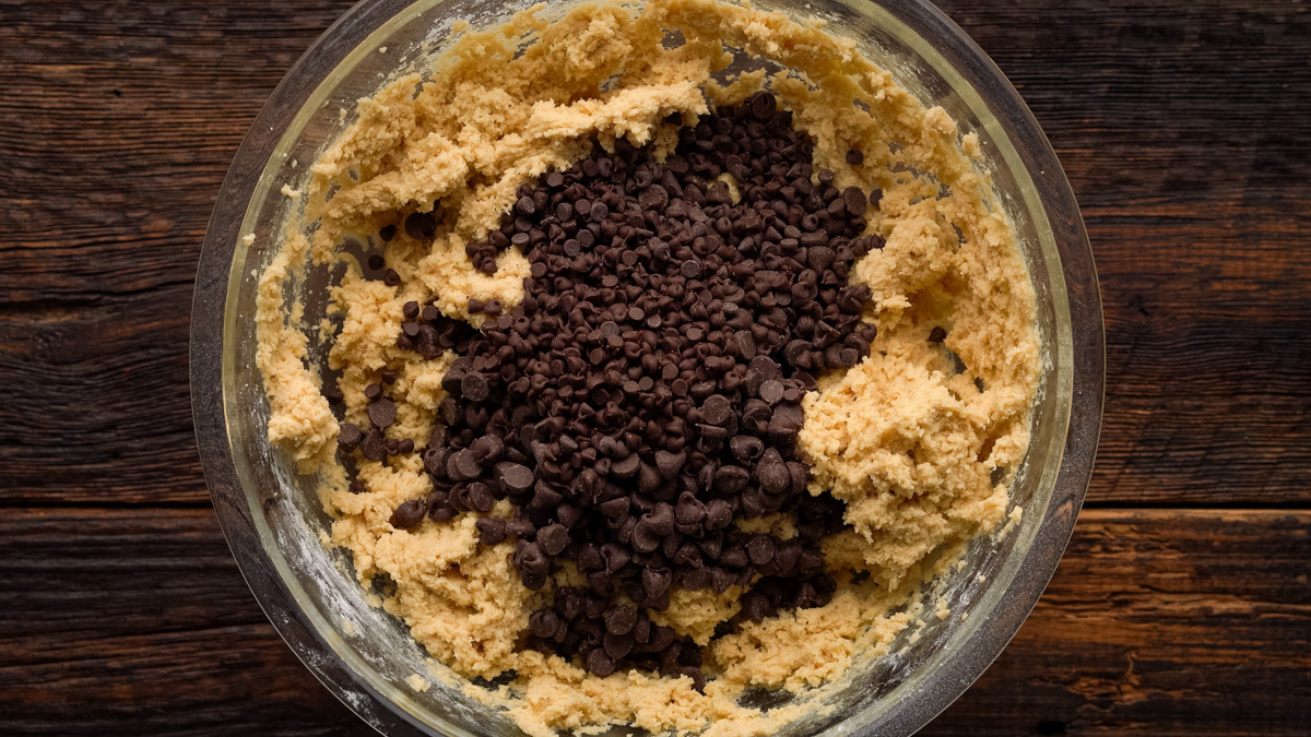 Chocolate chips added into the cookie dough.