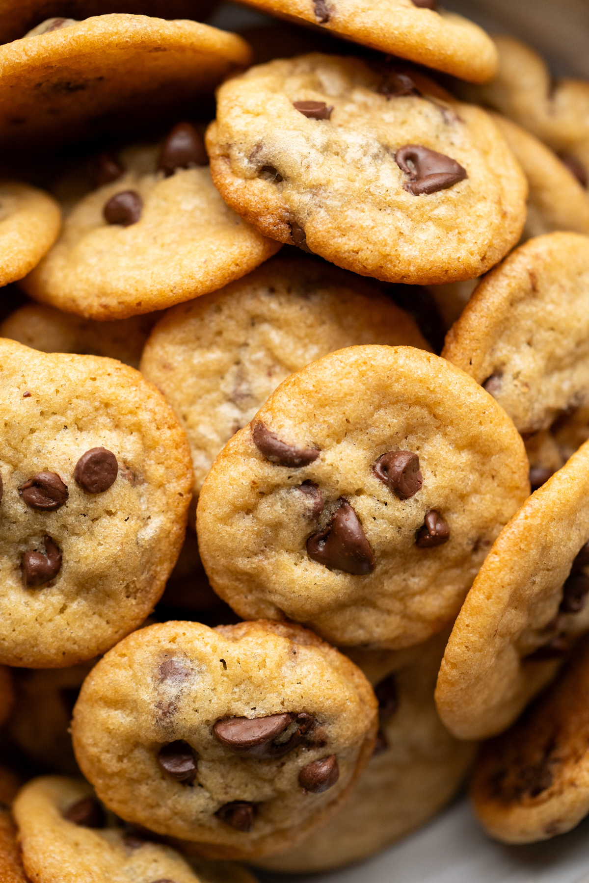 Mini chocolate chip cookies in a bowl.