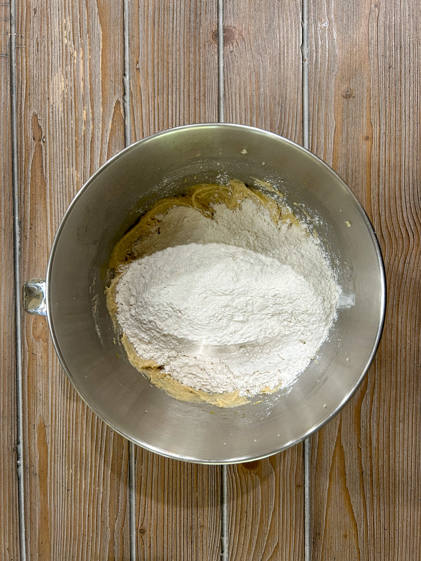 Wet ingredients added to the dry ingredients.