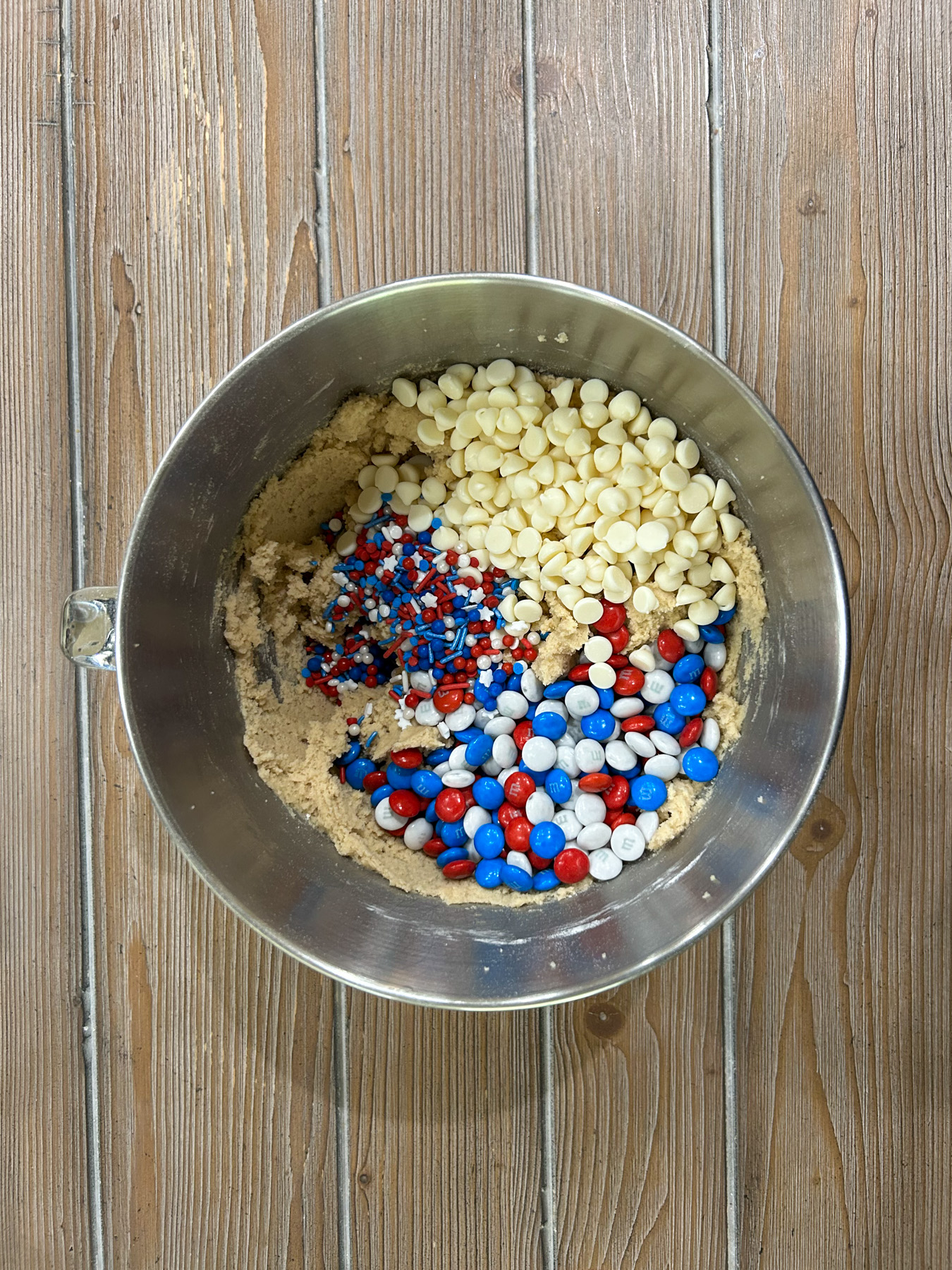Mix ins added into the patriotic cookie dough.